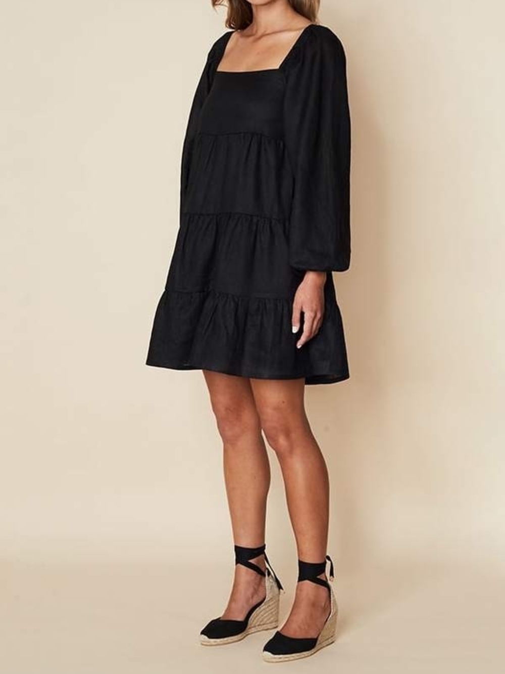 Faithfull the Brand Black Square-Neck Linen Tiered Puff Long-Sleeve Mini Dress